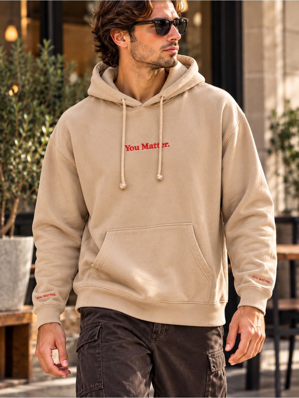 You Matter by Demetrius Harmon Embroidered Hoodie Tan Red Men’s M
